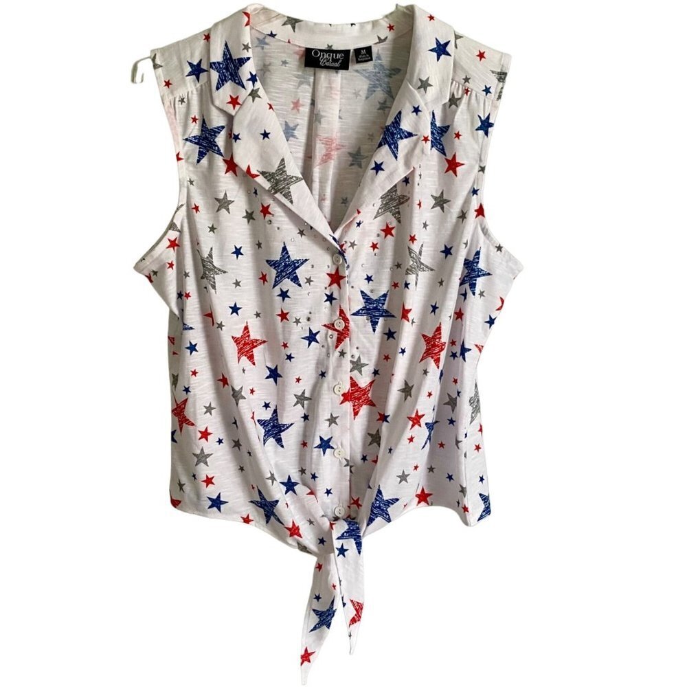 Onque Casual Sleeveless Button Up Top with Front Tie White With Stars Size Med